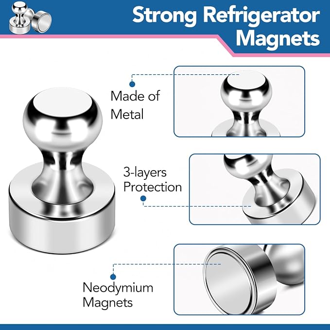 LOVIMAG Fridge Magnets 18Pcs, Magnet for Refrigerator Whiteboard, Silver | Small Strong Neodymium Metal Cute Push Pin for Classroom, Kitchen, Accessories Decorative, Office, Calendar