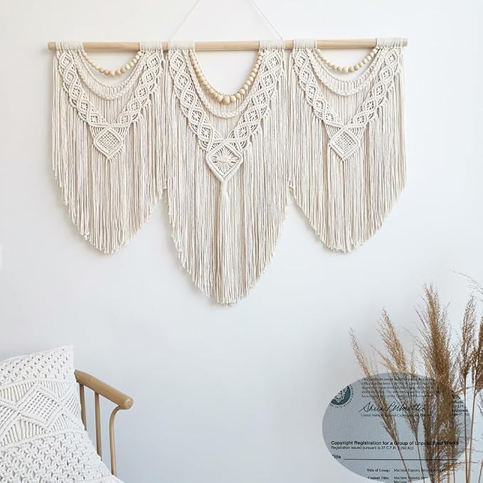 Achart Macrame Wall Hanging Large- Boho Wall Decor- large wall art- Wall Decor Living Room- Macrame Tapestry Boho Decor for Bedroom (Wooden Bead)