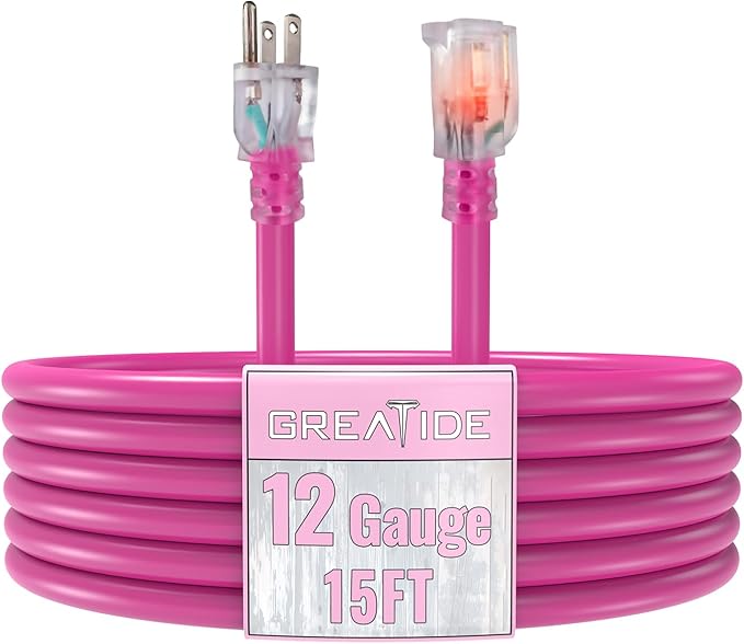 Outdoor Extension Cord with Lighted End, 12 Gauge Heavy Duty Extension Cord 15 FT, 3 Prong Grounded 15 Amp Extension Cord, 12/3 SJTW Waterproof Power Cord for Appliance, UL Listed, Pink