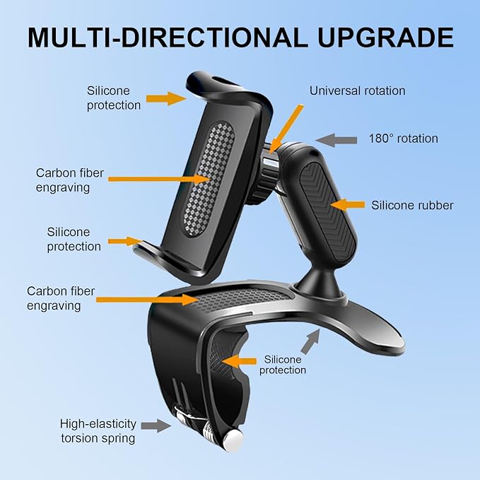 Car Phone Holder Mount, 360 Degree Rotation Car Dashboard Phone Holder, Universal Anti-Shake Dash Steering Wheel Cellphone Clamp Mount Stand for 4-7 Inch Smartphones (Black)