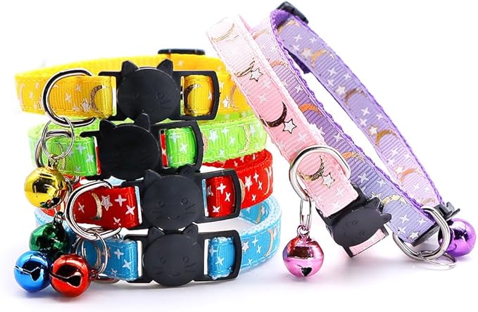 Reflective Cat Collars Breakaway with Bell 2-Pack Girl Boy Pet Kitten Collar with Star Moon Patetrn Adjustable 7.5-12.5 Inch (Green)