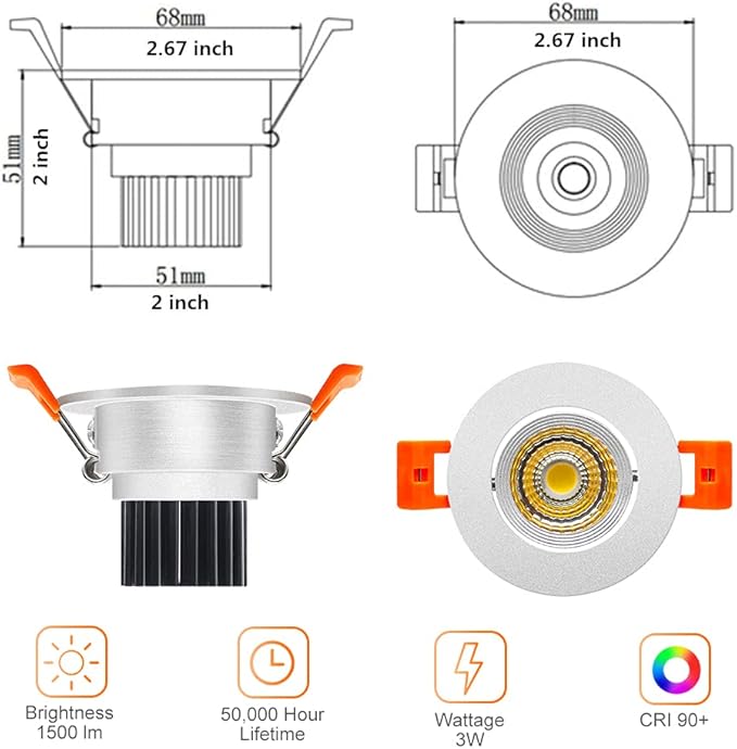 LightingWill 2inch LED Dimmable Downlight, 3W COB Recessed Ceiling Light, Ultra Warm White 2700K, CRI80, 25W Halogen Bulbs Equivalent, Silver(4 Pack)
