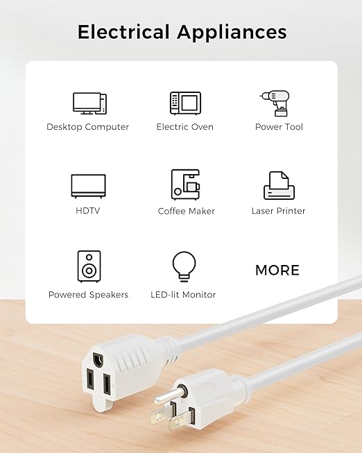 [UL Listed] Cable Matters 6-Pack 16 AWG Heavy Duty 13A Short Power Extension Cord - 1ft, 3 Prong Power Cord Extension, NEMA 5-15P to NEMA 5-15R, White