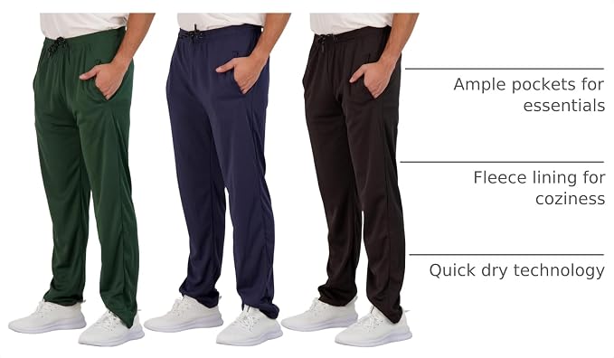3 Pack Men's Mesh Open Bottom Sweatpants Active Athletic Workout Gym Pocket | Available in Big & Tall, Uncuffed, Elastic Waistband, Drawstring, Straight Leg, Running, Jogging, Exercise, Training, Sports