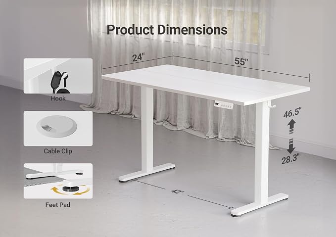 YDN 55 x 24 Inch White Electric Standing Desk | Adjustable Height, Sit Stand, Cable Management, Ergonomic, Home Office