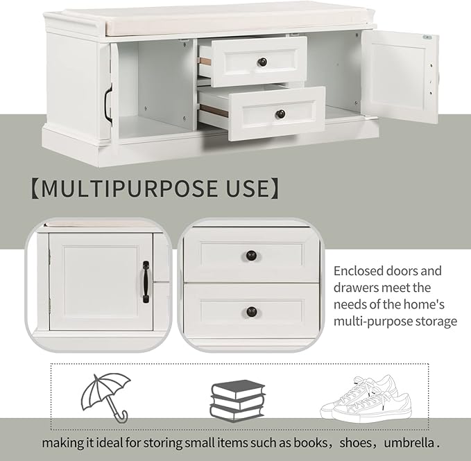 Entryway Storage Bench with Drawers & Cabinets — Cushioned Shoe Storage Bench for Hallway, Mudroom, or Living Room, Solid Wood Frame (White)