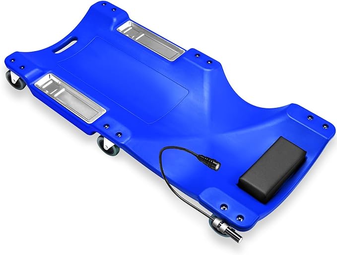 Auto Dynasty 40 Inches Mechanic Creeper, Automotive Garage Repair Low Profile Under Car Rolling Creeper with LED Light and Padded Headrest, Plastic, Blue