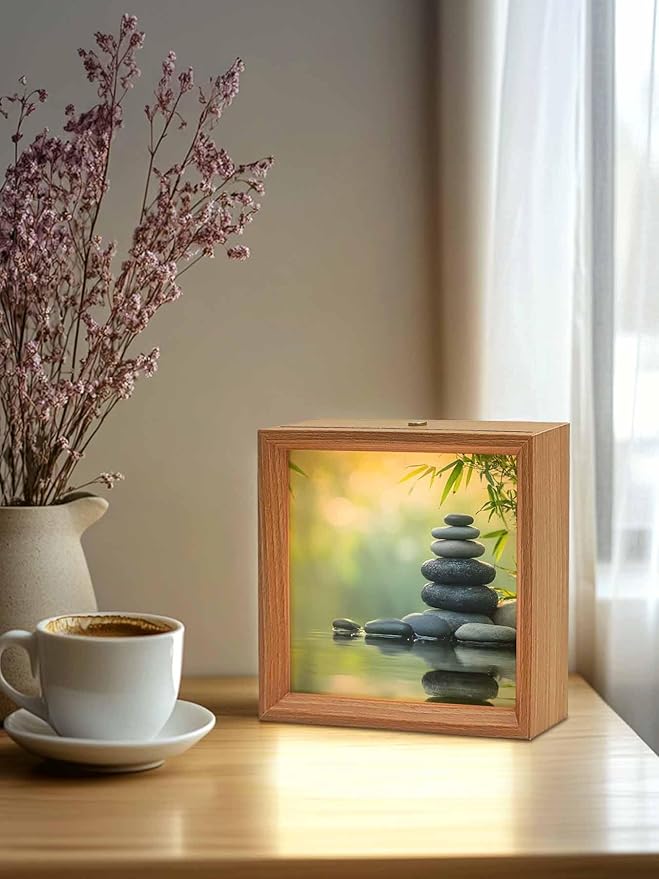 Wood Night Light Box 6.5x6.5in,Zen Meditation Stone Lake Table Lights Wooden Picture Frame with USB Rechargeable Touch LED Lights for Home Decor Desktop Display,Nature Landscape Still Life