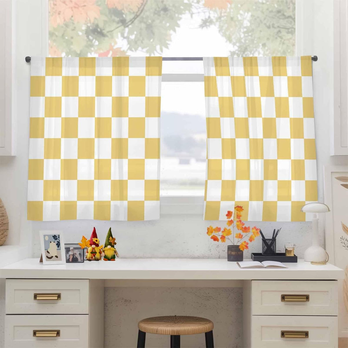 Lemon Yellow Checkered Sheer Curtains for Living Room Bedroom Geometric Yellow Buffalo Plaid Sheer Curtains 45 Inch Long 2 Panels Set Light Filtering Curtain Window Treatments Drapes for Dining Room