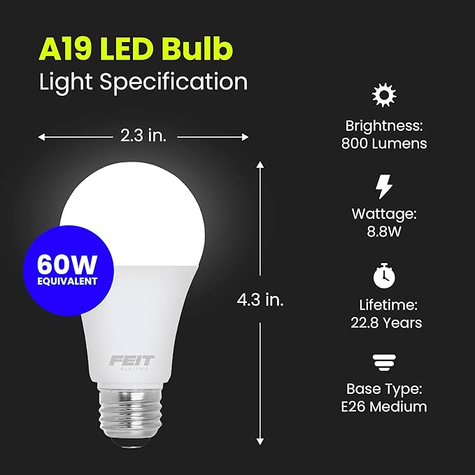 Feit Electric A19 LED Light Bulbs, 60W Equivalent, Dimmable, E26 Standard Base, 90 CRI, 800 Lumens, 5000K Daylight, 120V, 22 Years Lifetime, Damp Rated, 8 Pack, OM60DM/950CA/8