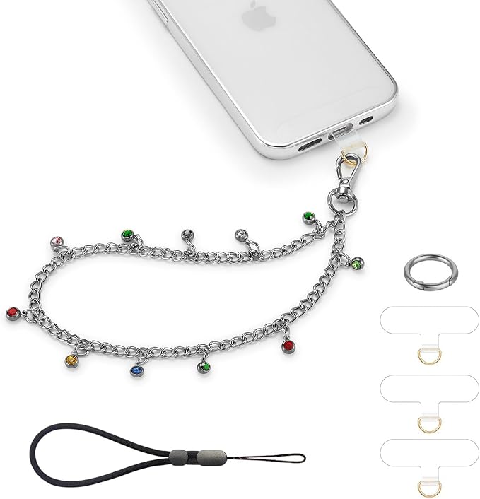 Phone Charm Wrist Strap Silver Metal Chain Detachable Lanyard Hand Wristlet Fashion Shine Finger Grip Anti-drop with 2 Tether Tab for Women Girls Universal for iPhone 16 Pro Max Colorful Gem