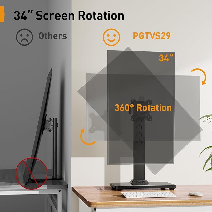 Perlegear Single Monitor Stand for 13–34 inch Screens up to 44 lbs | Heavy-duty steel, swivel, tool-free tilt, 360° rotation, 5 height settings, cable management, max VESA 100x100mm, home office