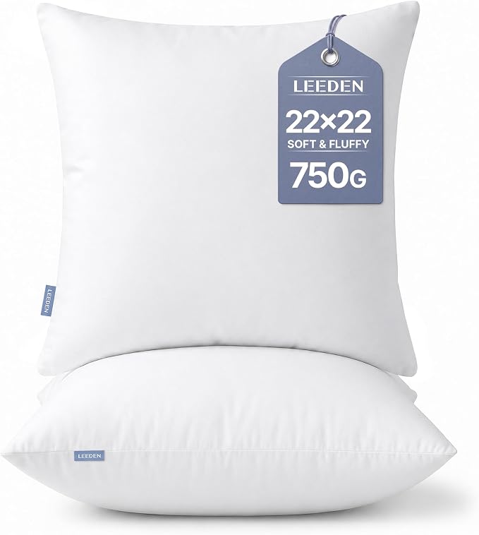 Leeden 22 x 22 Pillow Inserts Set of 2, Plush Down Alternative Decorative Throw Pillow Inserts for Couch, Sofa & Bed, Square Cushion Inserts for Home Decor