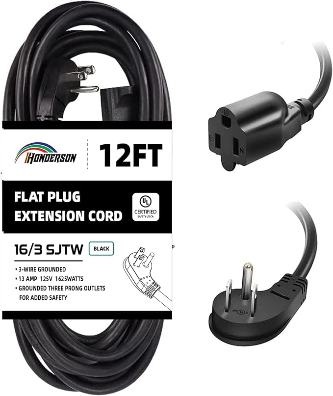 Flat Plug Indoor Extension Cord, UL Certified, 16 Gauge 12FT Black 3 Prong Heavy Duty, 16/3 SJTW 13A Power Cord for Lights, Appliances, Home