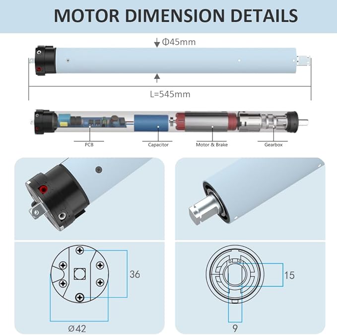 DC24V Motorized Remote Control Roller Shade Motor Kit, 45mm Brushless Electric Blind Motor for Outdoor Awning & Windproof Shades, Heavy Duty Automation (20 N.m for Φ50mm（2") Groove Tube
