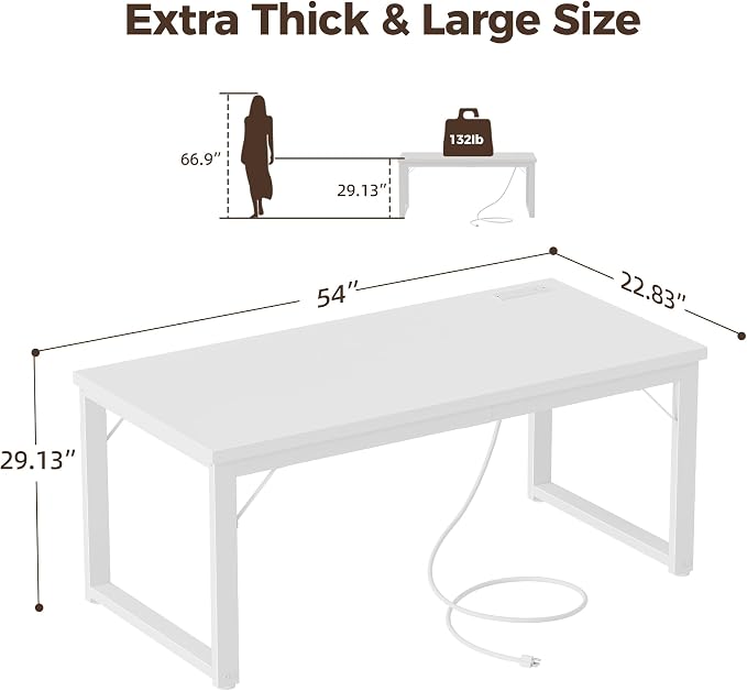 Mericonia 54 Inch Computer Desk with Power Outlets, 1.2" Thick Office Table | Modern Simple Style, Heavy Duty Industrial Frame, Study & Writing Table for Home Bedroom Work, White