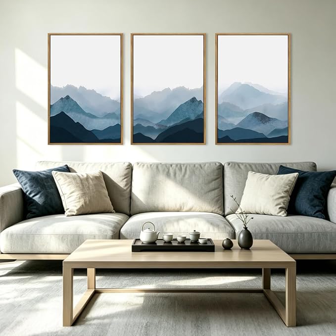 BINCUE Framed Blue Mountain Wall Decor Fog Blue Ridge Mountains Wall Art for Living Room Bedroom Office 16x24 Inches Set of 3