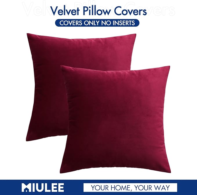 MIULEE Velvet Throw Pillow Covers 22x22 Inch Pack of 2 Wine Red | Soft Solid Decorative Pillow Covers, Modern Luxury Home Decor, for Couch Chair Sofa Bedroom Livingroom