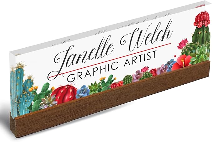 Artblox Personalized Office Desk Name Plate and Business Card Holder | Clear Acrylic Glass with Teak Wood Stand | Cactus Flowers Design Customized with Your Name and Credentials Office Desk Décor