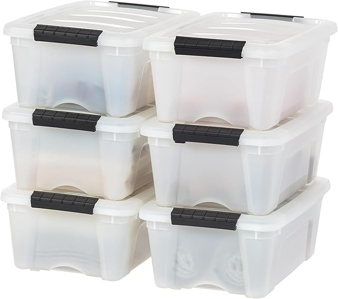 IRIS USA 13 QT Plastic Storage Box with Lid and Latches - 6 Pack - BPA-Free, Discreet Organizing Solution, Durable Nestable Stackable Containers, Secure Pull Handle - Pearl