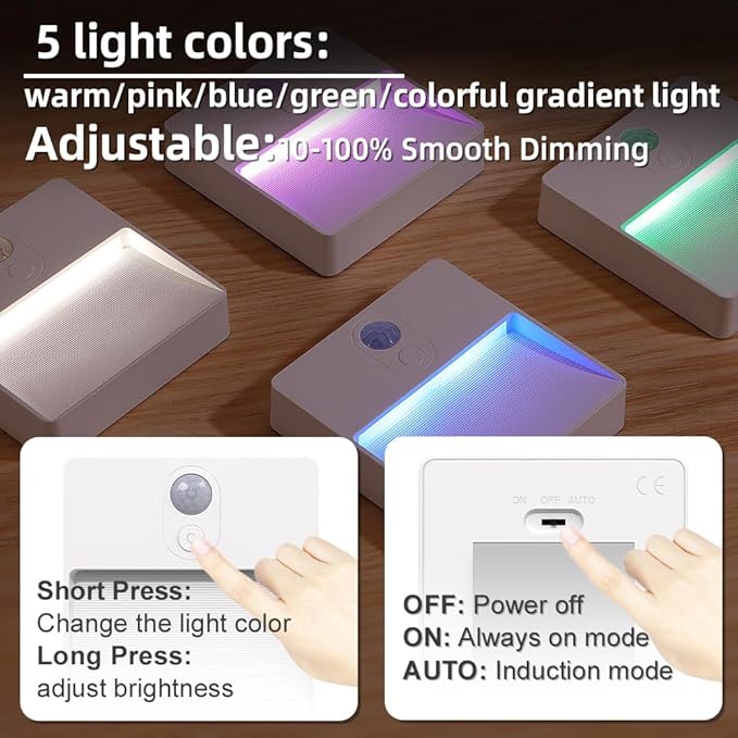 ASAWASA LED Motion Sensor Night Light, 7 Colors Rechargeable Magnetic Decor Wall Lights, Dimmable, Suitable for Bathroom hallways bedrooms Kitchen cabinets Staircase(3 Pack)