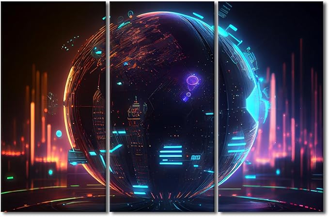 TUMOVO 3 Piece Future Energy Power Technology and Internet Connection Concept Pictures Print On Canvas Wall Art for Bedroom Living Room Decoration, Wooden Framed Ready to Hang, 60" Wx40 H