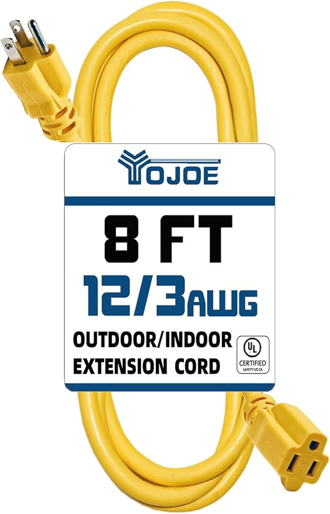 YOJOE Indoor Outdoor Extension Cord, 3 Prong 15A Weatherproof Power Cord, 12 Gauge Heavy Duty 8 ft Yellow Extension Cord for Garage, Garden and Home, 12/3 SJTW UL Listed