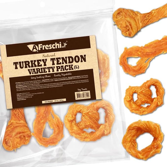 A Freschi srl Turkey Tendons for Dogs, USA-Sourced, Healthy Dog Treats, Rawhide-Free Puppy Chews, Long Lasting, All Natural, Hypoallergenic Dog Treats for Large Breeds, 10 oz Pack Variety (L)