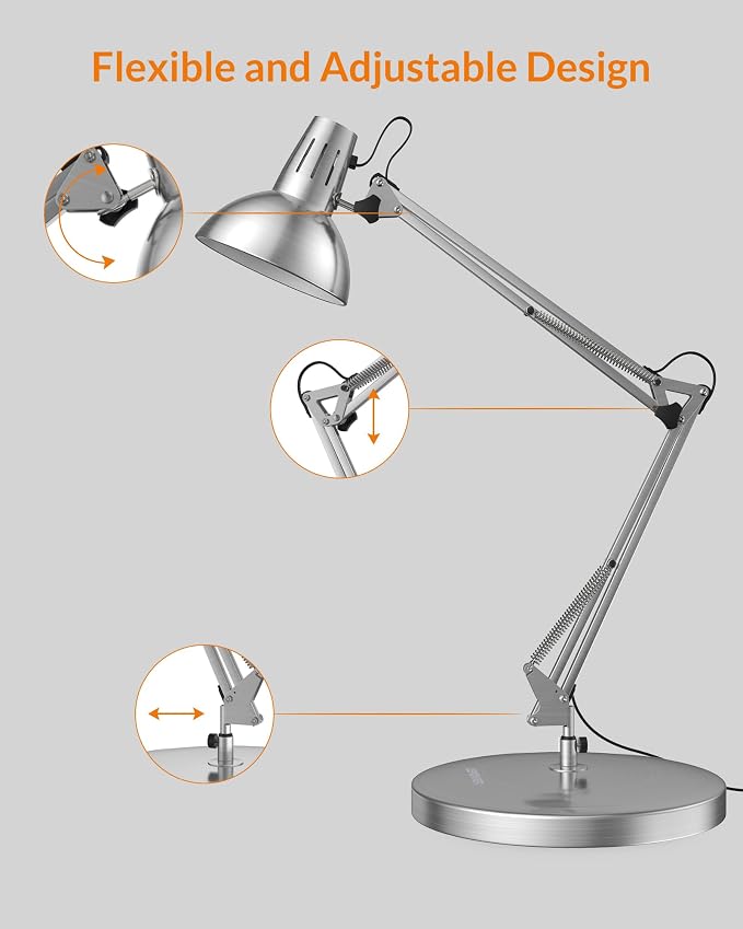 LEPOWER Metal Adjustable Desk Lamp with Clamp, Swing Arm for Home Office | Gooseneck, Architect Style, Eye-Caring Table Lamp, On/Off Switch, E26 Base, Reading for Dorm, Bedroom, Study, Back to School