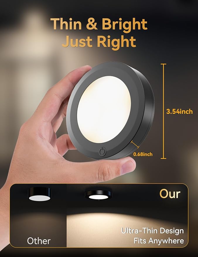 HOLKPOILOT Ultra Thin Puck Lights with Remote, LED Under Cabinet & Closet Lighting Wireless, 3 Color Temps & Dimmable Stick On Lights Battery Operated for Kitchen,Counter,Shelves (6pack)