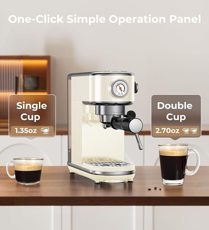 atatix 20 Bar Espresso Machine with Milk Frother, Compact Espresso Maker | Stainless Steel Coffee Machine with Precise Temp Control & 44oz Removable Water Tank for Latte, Cappuccino, Creamy White