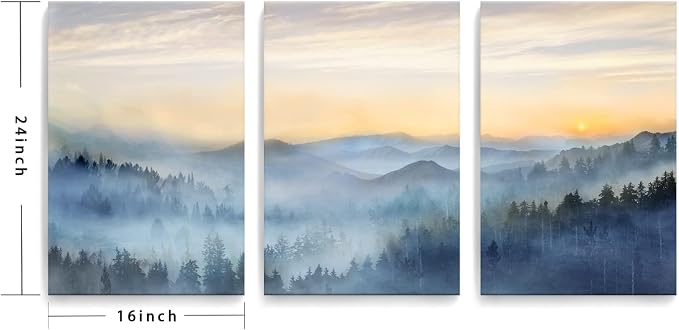 Wall Decor for Bedroom 3 Panel Sunrise Misty Forest Print Picture Paintings Wall Art for Living Room Bathroom Framed Canvas Artwork Modern Room Wall Decorations Size 16x24 x 3 Piece Ready to Hang