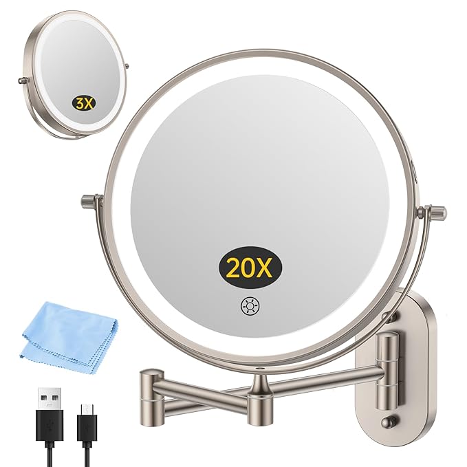 FUNTOUCH 3X/20X Wall Mounted Lighted Makeup Mirror,5000mAh Rechargeable Double Sided Magnifying Bathroom Mirror with Lights,3 Color Lighting,Touch Dimmable,Extended Arm 360 Rotation Light up Mirrors