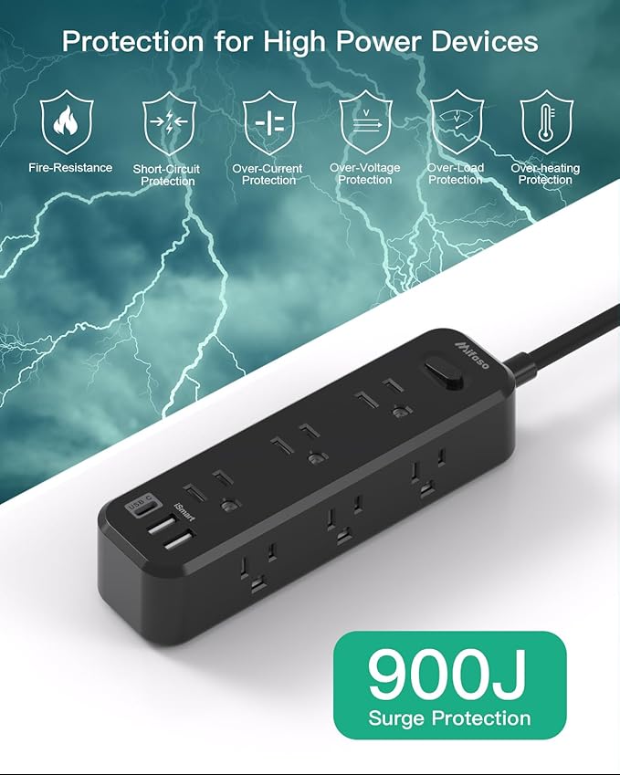 Mifaso Extension Cord, Surge Protector Power Strip, Long Power Strip with 9 Outlets 3 USB Ports, Extension Cord with Multiple Outlets, USB Power Strip for Dorm Room Essentials, College (25FT,Black)