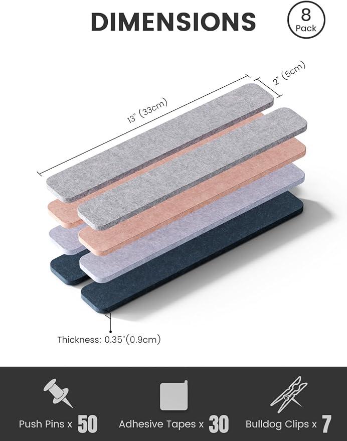 Fluxynara 13" x 2" Felt Wall Panels, Heather Grey | 8-Pack Includes 50 Push Pins and Adhesive Tabs for Photos, Notes and Decor in Bedroom Doors, Home Office or Studios