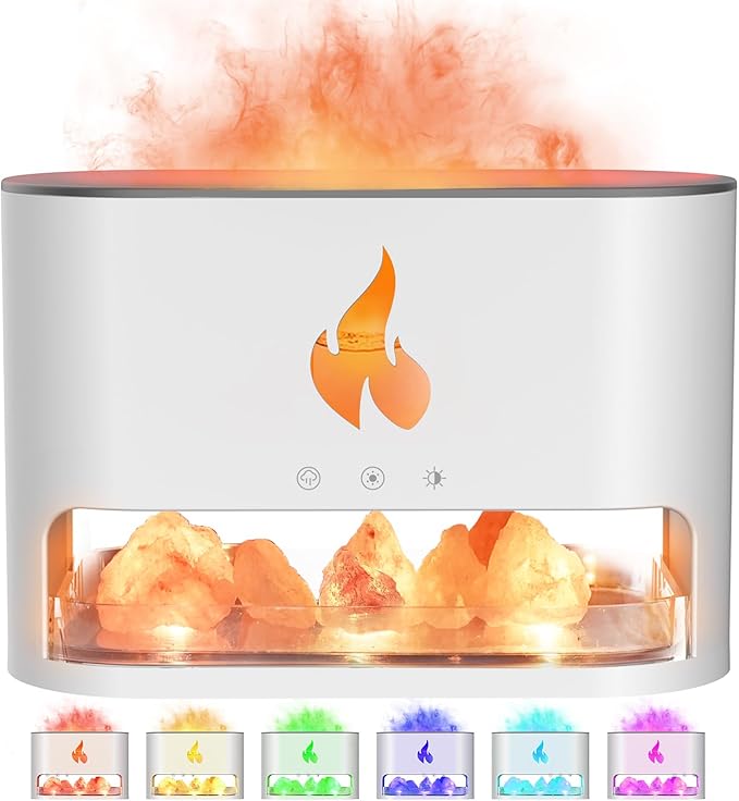 Essential Oil Diffuser, Fireplace Fire Flame Aromatherapy Diffuser, 250ml Himalayan Salt Lamp Scent Diffuser, Cool Mist Humidifier with 7 Colors Light, Timer & Auto-Off for Home, Room (White)