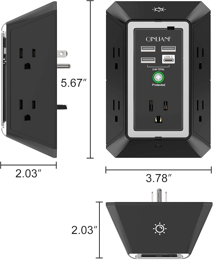 3-Sided Surge Protector Power Strip - QINLIANF Multi Plug Outlet with 5 Outlet Extender and 4 USB Ports(1 USB-C) and Night Light, USB Wall Charger for Home, Office, Travel, ETL Listed, Black