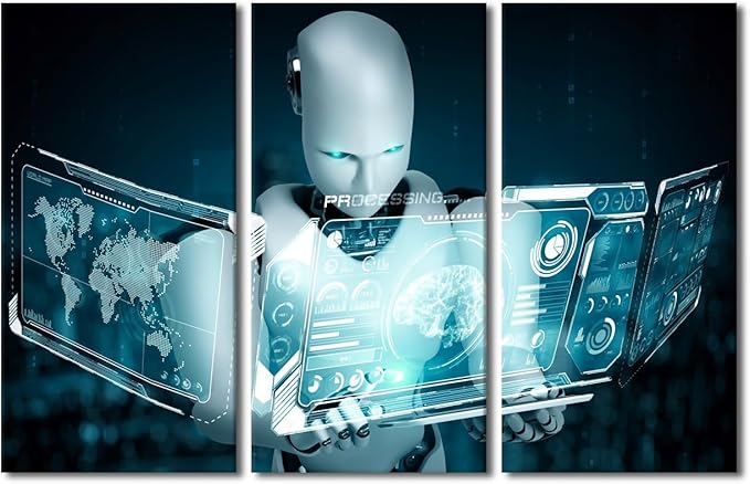 3 Panels Wall Art - Big Data Analysis Canvas Prints Western Robot Canvas Wall Art AI Intelligence Wall Art Bedroom Wall Decor Contemporary Home Decor Giclee Artwork Framed Ready to Hang, 60"Wx40"H