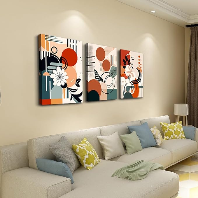 MHARTK66 Canvas Wall Art For Bedroom & Living Room - Boho & Vintage Flowers Wall Painting - Abstract Art - Ready To Hang - Framed Wall Pictures - 3 Panels