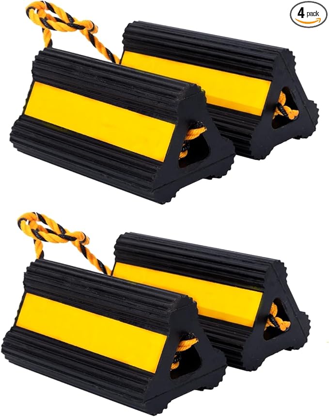 Wheel Chock Heavy Duty Rubber Trailer Wheel Chocks with Yellow Reflective Visibility Tape and Yellow Nylon Rope for Concrete Slopes or Ground Leveling (4 Pack)