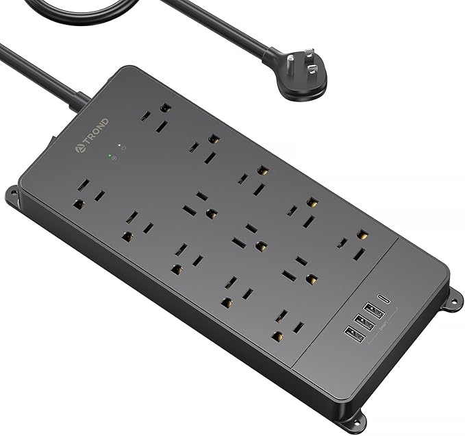 TROND Power Strip Surge Protector 10 ft Cord, 4000 Joules, ETL Listed, 13 Widely-Spaced Outlets Expansion with USB C Ports, Low-Profile Flat Plug, Wall Mount, Extension Cord, 14AWG Heavy Duty, Black
