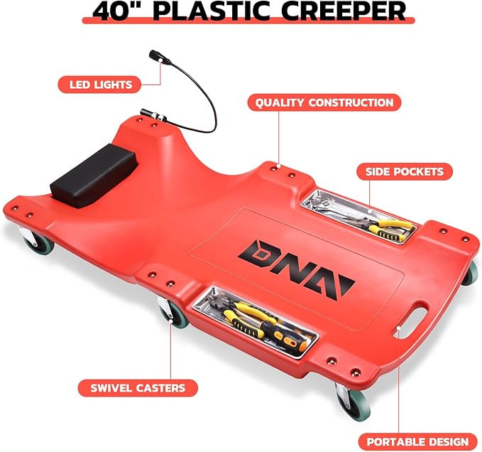 DNA Motoring 40 Inch Low Profile Plastic Rolling Garage Shop Floor Creeper with LED Light, Padded Headrest, Dual Tool Trays, Casters, Red, TOOLS-00389
