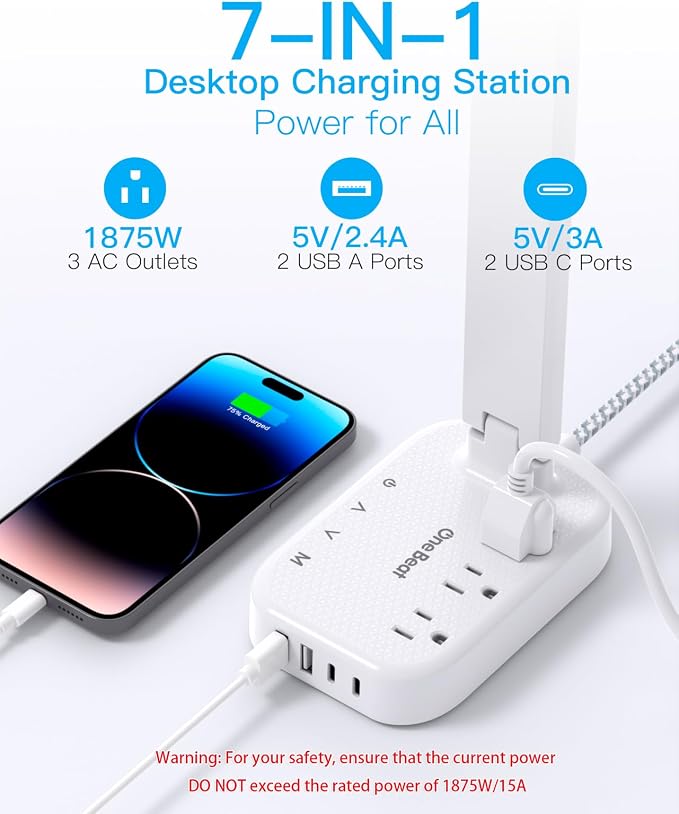 One Beat Small LED Desk Lamp Power Strip 5ft Extension Cord with 3 Outlets 4 USB Ports(2 USB C), 4 Modes, 5 Level Touch Lamp Study Reading Light, Home Office Bedroom College Dorm Room Essentials,White | One Beat 4 Modes 5 Level Brightness Touch Lamp, S...