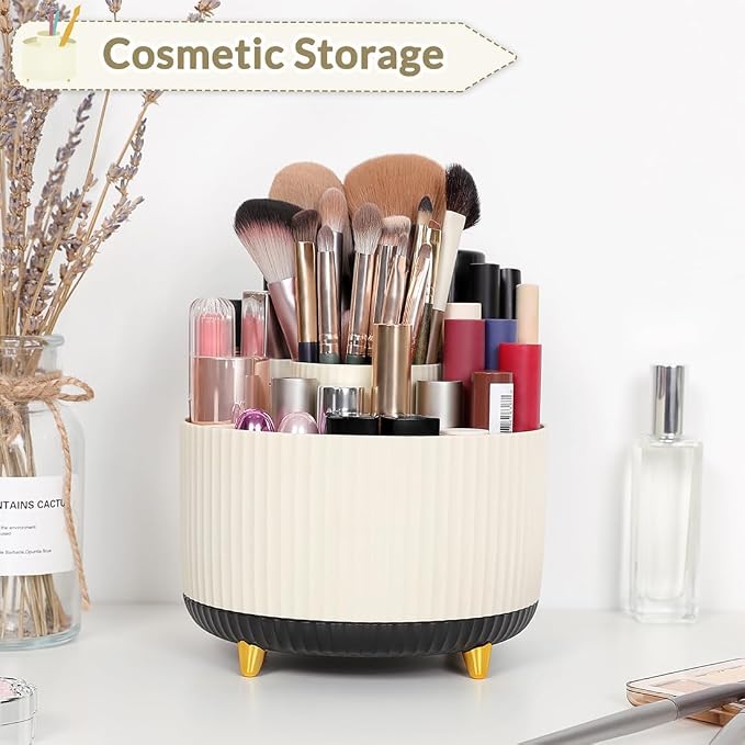 SKYDUE 360 Rotating Organizer, Dual-Purpose Pencil Pen Holder, 5-Slot Rotating Pencil Cup for Office, School, Home (Beige-Black)