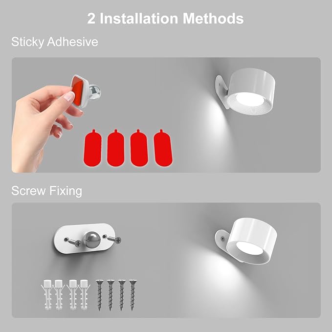 Koopala 2PACK LED Wall Lamps with Rechargeable Battery Operated, Wall Mounted Lights with 3 Brightness 3 Color Temp Removable Charging 360°Rotate Magnetic, Cordless Wall Sconces for Reading Bedside