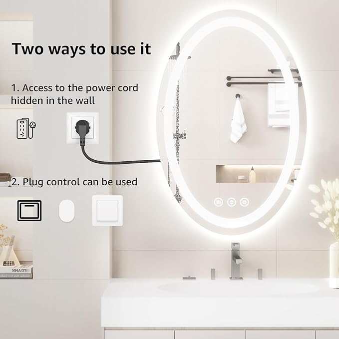 24"x36" Oval LED Mirror for Bathroom,Lighted Bathroom Vanity Mirror with Lights - Anti-Fog,Front Light and Backlit, Dimmable, 3 Colors,Mirror with Touch Sensor,Espejos para Baños