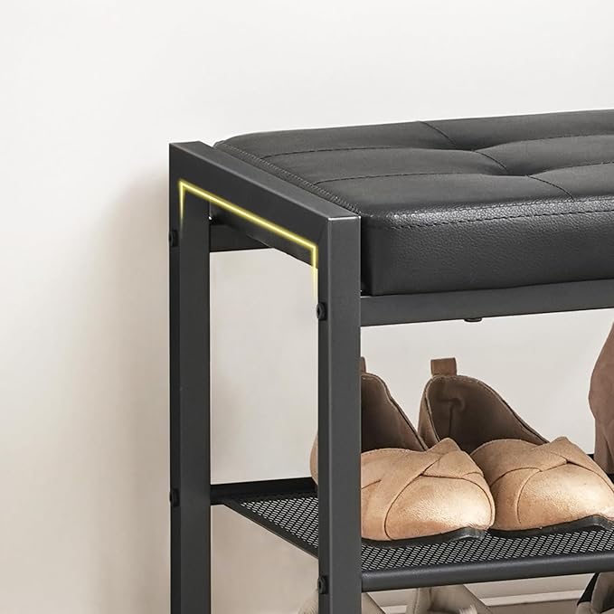 HOOBRO Small Shoe Bench, 3-Tier Shoe Rack, Shoe Storage Bench with PU Seat Cushion, Entryway Shoe Rack Bench with Metal Mesh Shelves, Freestanding Shoe Organizer for Hallway, Black BB33HX01