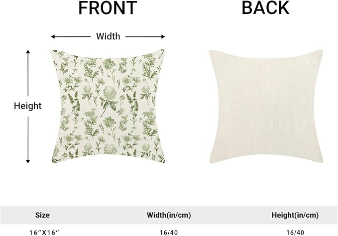 AEIOAE Sage Green Spring Pillow Covers 16x16 Inch Set of 2, Wild Flower Leaves Plant Throw Pillows Case,Seasonal Floral Outdoor Decorative Farmhouse Decor Cushion Covers for Home Sofa Bed Couch