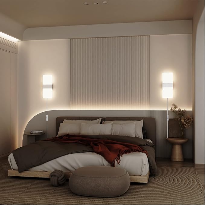 KICAAO Wall Sconces Set of Two, Modern Wall Sconce Plug in 10W 6000K Cool White Acrylic Wall Lights with 6FT/180cm Plug in Cord and On/Off Switch on The Cord