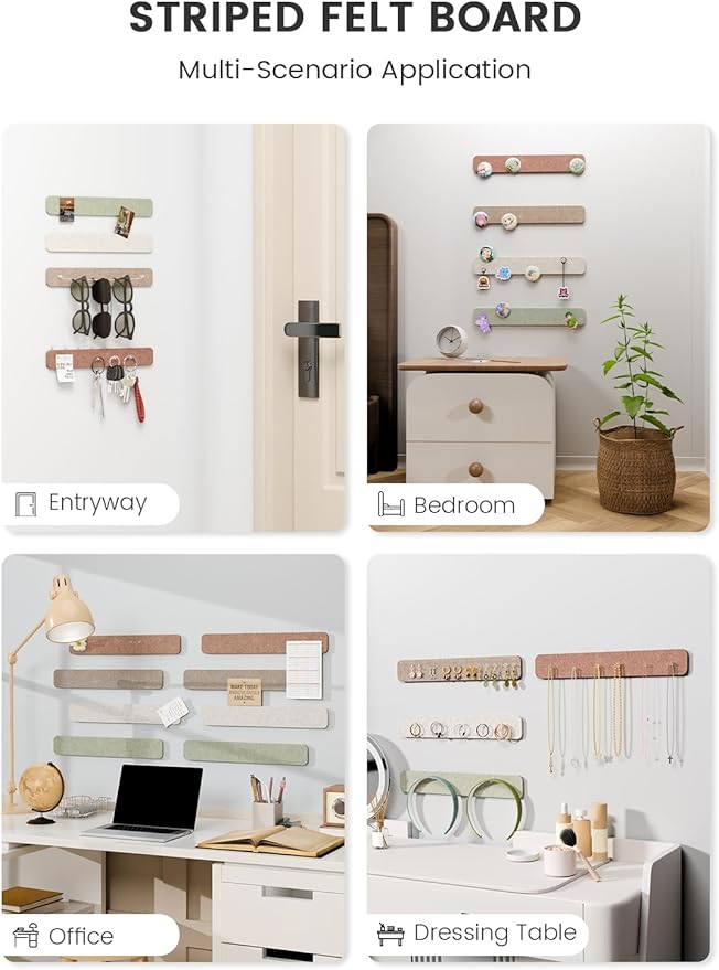 Fluxynara 13" x 2" Felt Wall Panels, Boho | 8-Pack Includes 50 Push Pins and Adhesive Tabs for Photos, Notes and Decor in Bedroom Doors, Home Office or Studios